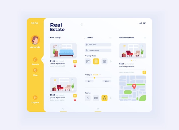 Real estate options tablet interface vector template. Mobile app page day mode design layout. Apartment prices and locations choice screen. Flat UI for application. Portable device display