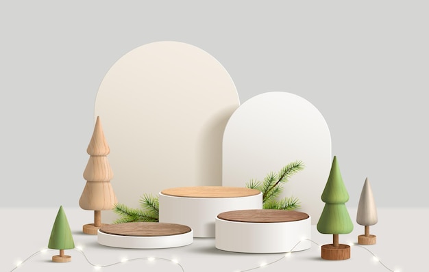 Realistic 3D minimal Christmas template wood pedestal or stand podium for show product display Christmas tree wood decoration on white background