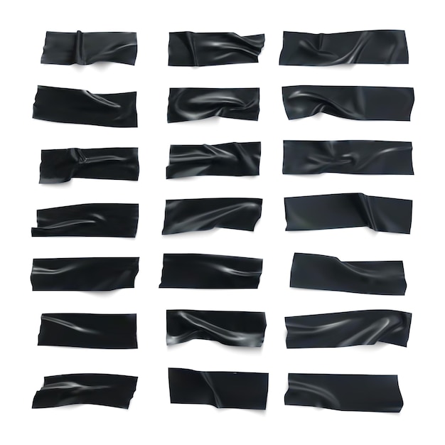 Realistic black glossy insulating tape strip set. Duct tape pieces collection. Sticky scotch isolated on white background.