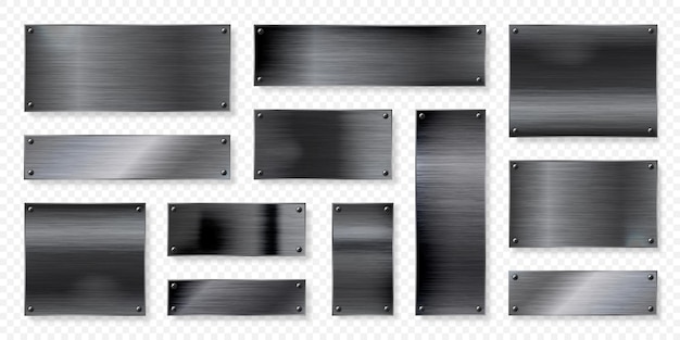 Vector realistic black metal banners collection brushed steel or aluminium plate panel with screws polished