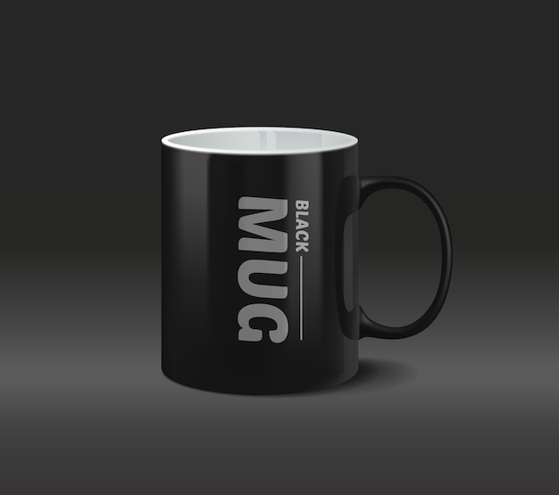 Realistic black mug with the bright glare, isolated on black background.  illustration