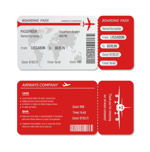 Vector realistic boarding pass plane tickets flying trip namecard airplane board cards isolated paper ticket for travel or vacation exact vector template