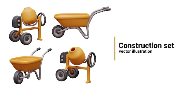 Vector realistic concrete mixer and wheelbarrow in different positions