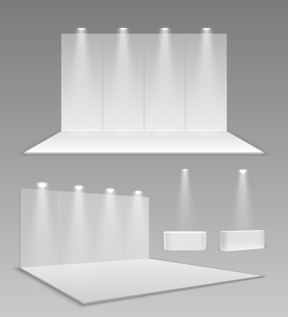 Vector realistic empty stands. 3d event exhibition panel mockup, modern blank expo wall. blank showroom construction. white interior for trade vector illustration. empty presentation showroom with screen