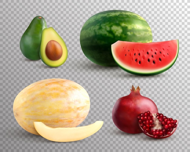 Realistic fruits set with ripe melon, watermelon, avocado and pomegranate isolated on transparent