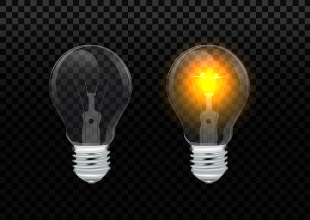 Realistic light bulb. Glowing yellow and white incandescent filament lamps, electricity on and of template. Light bulb isolated on transparent background