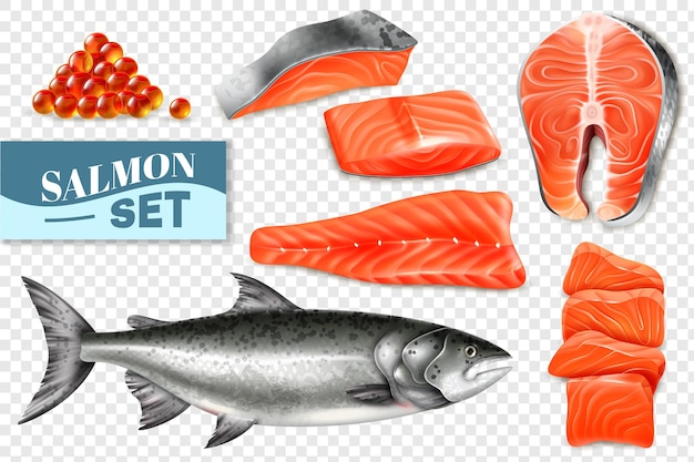 Realistic set of salmon fish steaks and caviar