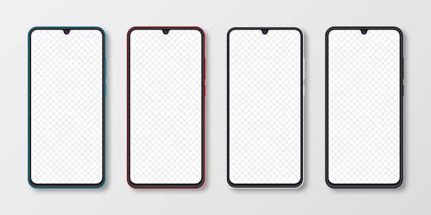 Realistic smartphone mock up set. Mobile phone display isolated on white gray background. 3D template illustration.