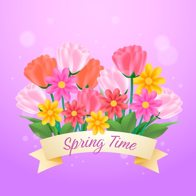 Realistic spring illustration with flowers and ribbon