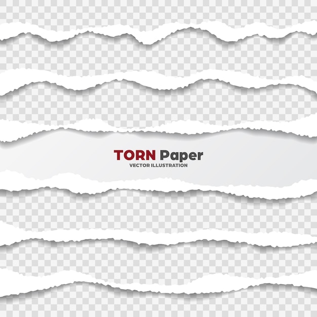 Realistic torn paper edges collection on transparent background white ripped paper strips vector