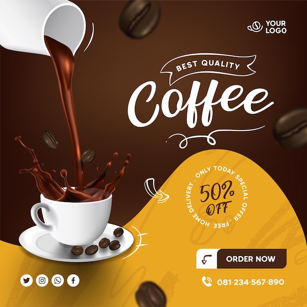 Realistic vector coffee shop menu social media template