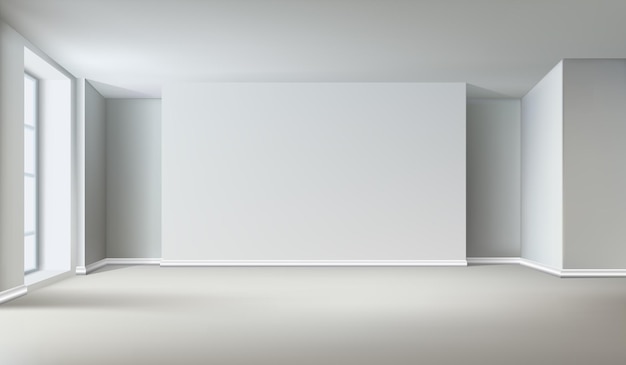 Vector realistic vector illustration empty white room interior with big window and empty wall for prece