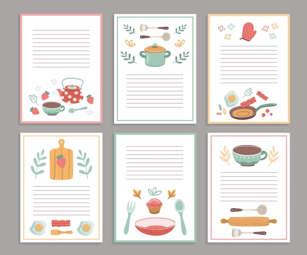 Vector recipe cards. culinary book blank pages. cookbook stickers, cute home menu