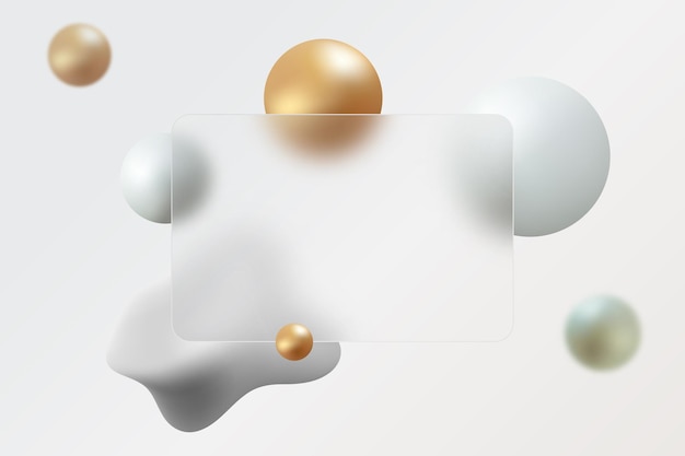 Vector rectangular banner made of transparent glass with voluminous gold and white spheres