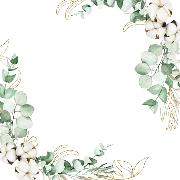 rectangular frame from eucalyptus leaves and cotton flowers with glitter elements watercolor