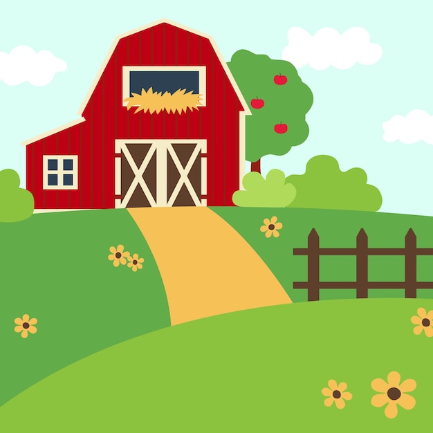 Red barn on the farm Rural landscape vector illustration