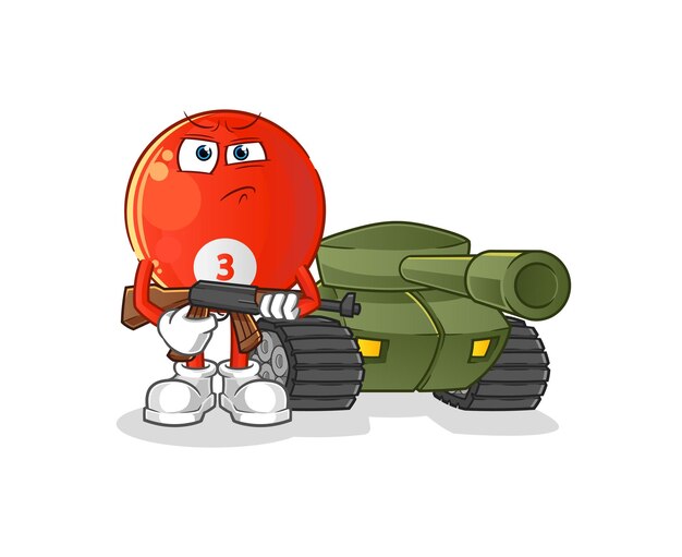 Vector red billiard ball soldier with tank character. cartoon mascot vector