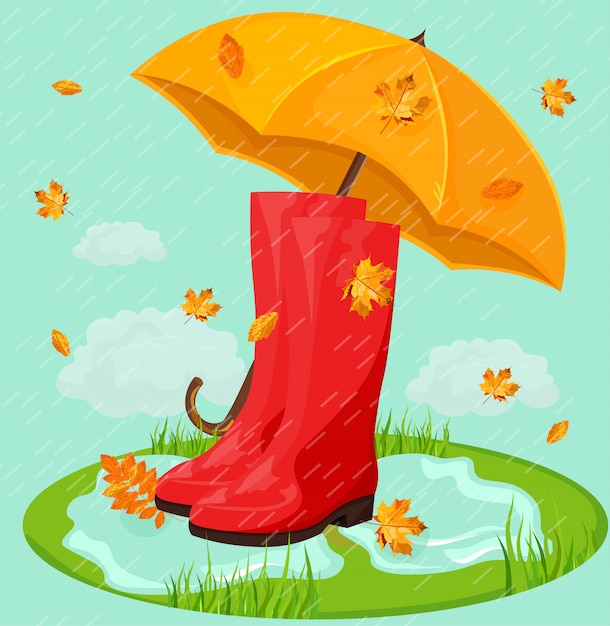 Vector red boots in rain and umbrella
