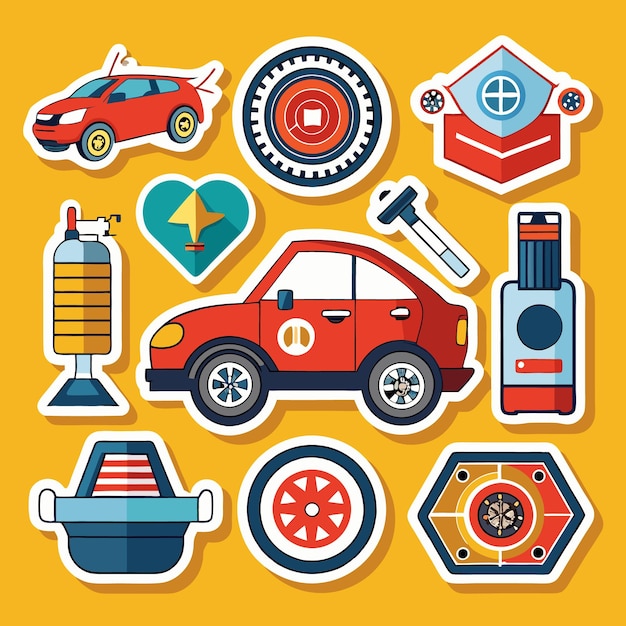 Vector red car with auto repair stickers