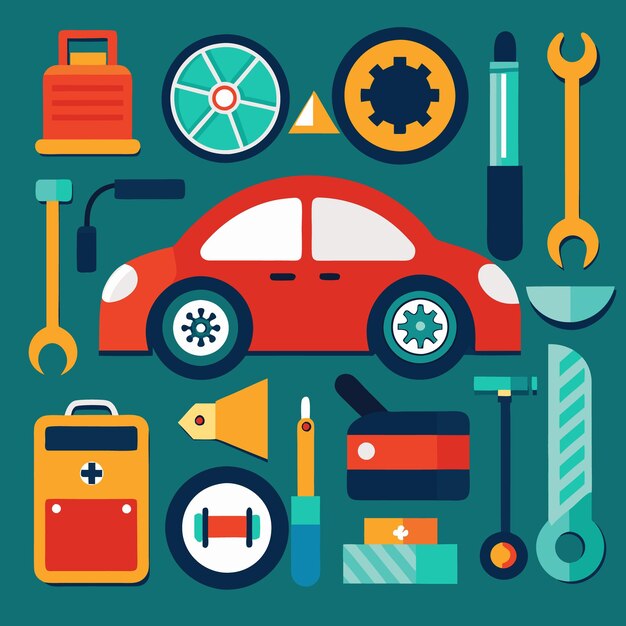 Vector red car with various tools and equipment