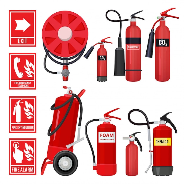 Vector red fire extinguisher, firefighter tools for flame protection setof various extinguisher types