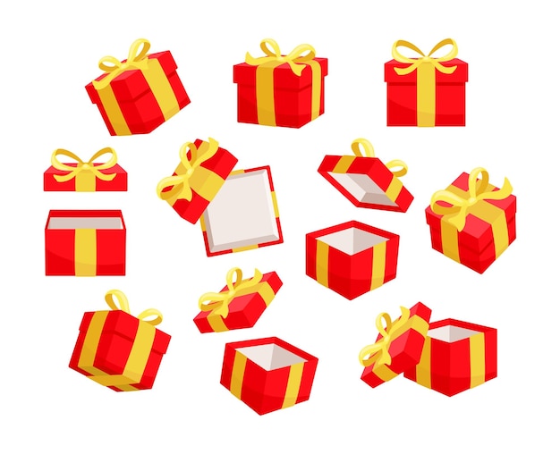 Vector red gift boxes with yellow ribbons are opening and closing against a white background