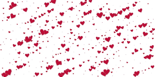 Red heart love confettis. Valentine's day falling rain vibrant background. Falling stitched paper hearts confetti on white background. Emotional vector illustration.