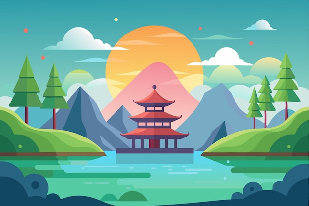 Vector a red pagoda on a lake with mountain and trees in the background