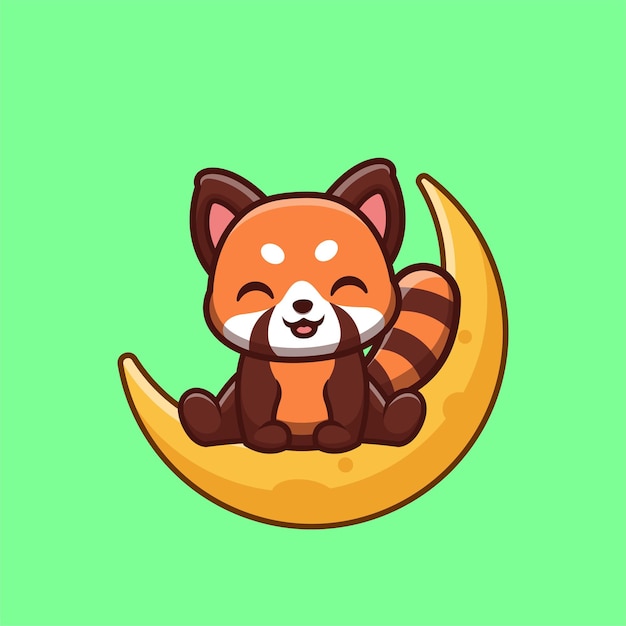 Red Panda Sitting On Moon Cute Creative Kawaii Cartoon Mascot Logo