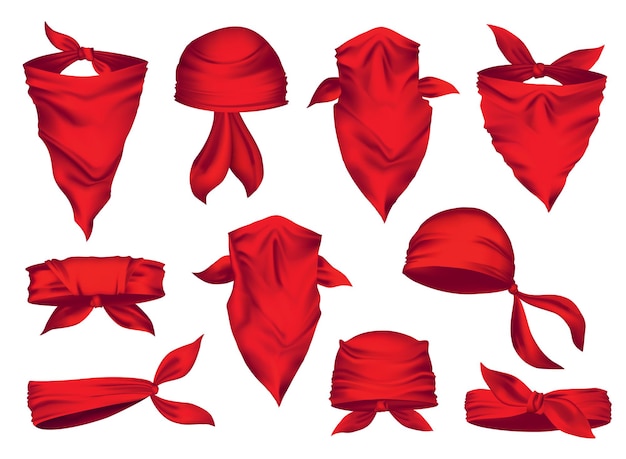 Vector red realistic bandana on neck and head set