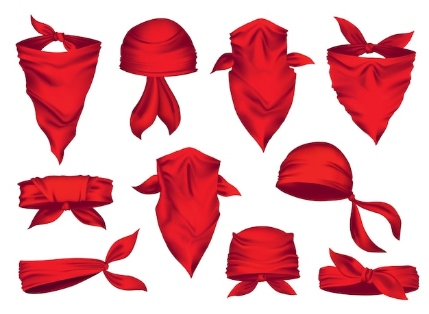 Red realistic bandana on neck and head set