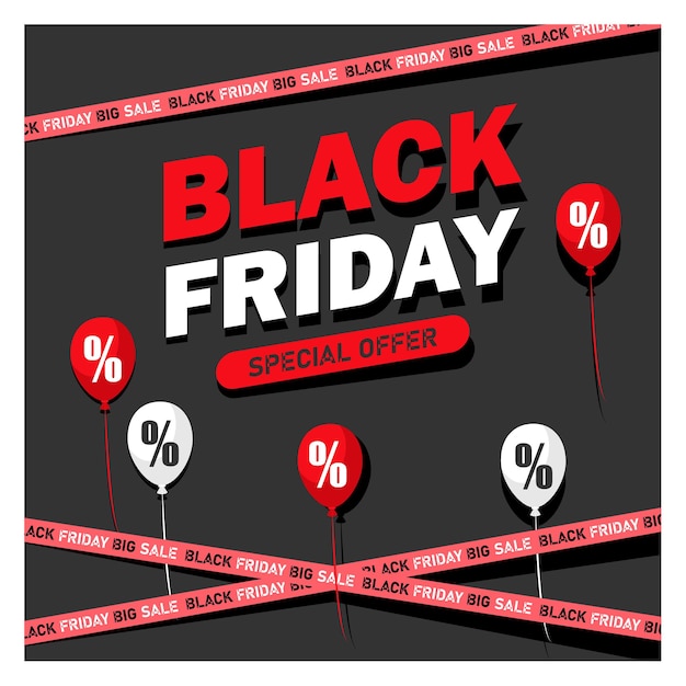 Vector red ribbon for black friday sale balloon with percent sign on black background black friday sale concept flat vector illustration