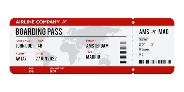 Vector red and white airplane ticket design realistic illustration of airplane boarding pass