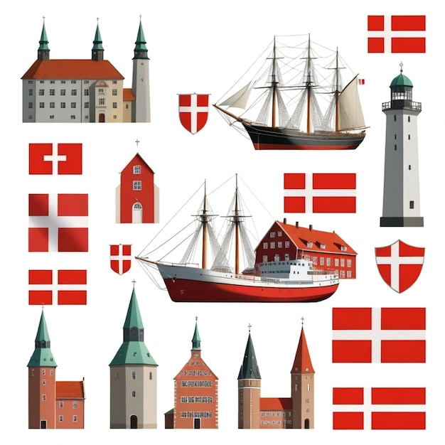 a red and white collage of different ships and a red building with a red flag