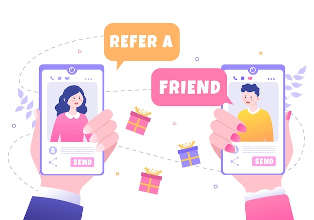 Vector refer a friend flat design illustration with megaphone on screen mobile phone and social media marketing for friends via banner, background or poster