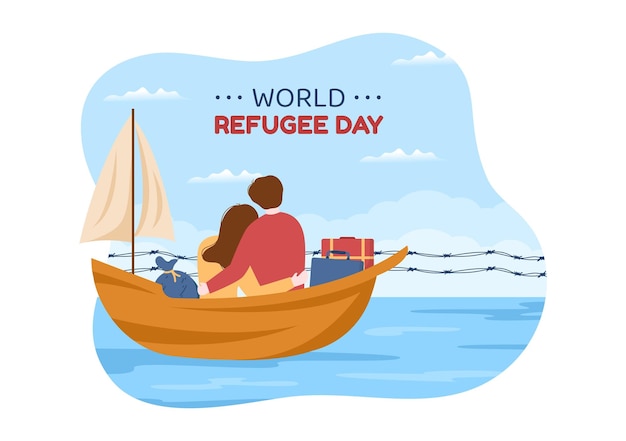 Refugee Day Template Hand Drawn Illustration with Hands Family and Barbed Wire Fence to Immigrate