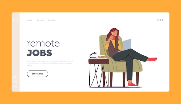 Remote Jobs Landing Page Template Freelance Work Distant Woman Freelancer Sitting in Comfortable Armchair with Coffee