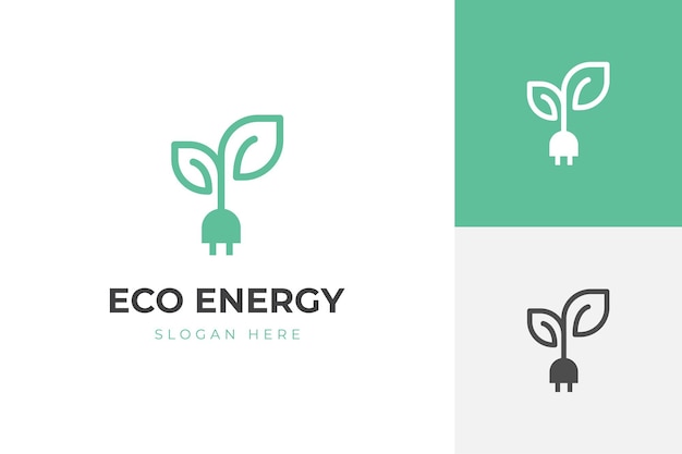 Renewable logo with green energy saving icon design Electrical charge leaf and power plug sign design concept Sustainable logo design