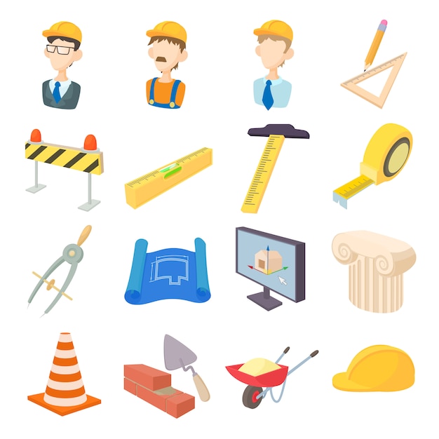 Repair and construction working tools icons set in cartoon style