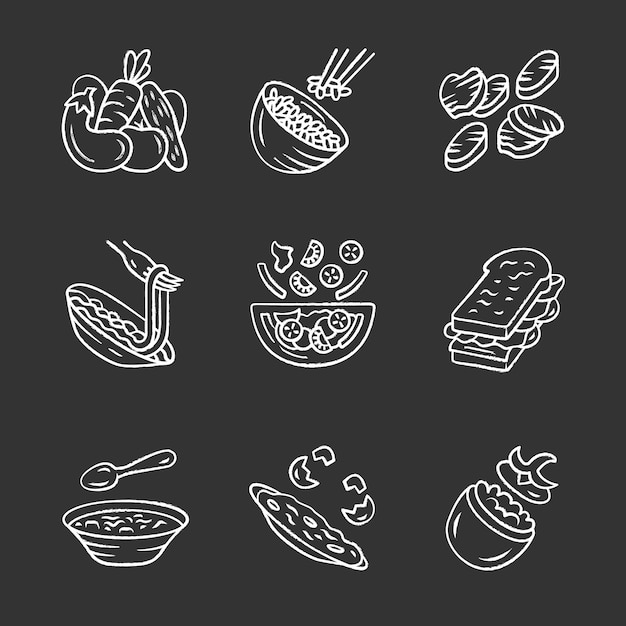 Restaurant menu dishes chalk icons set