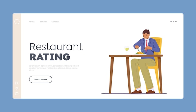 Restaurant Rating Landing Page Template Hungry Male Character Eating Food Young Man Sitting at Table in Cafe Has Meal