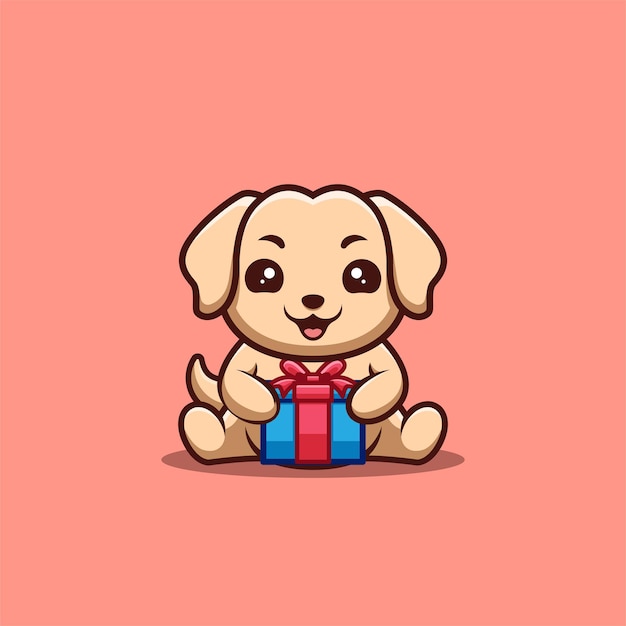 Retriever Sitting Gift Box Cute Creative Kawaii Cartoon Mascot Logo