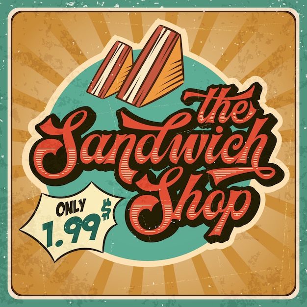 Retro advertising restaurant sign for sandwich shop. Vintage style