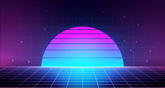 Retro background with laser grid, abstract landscape with sunset and star sky.