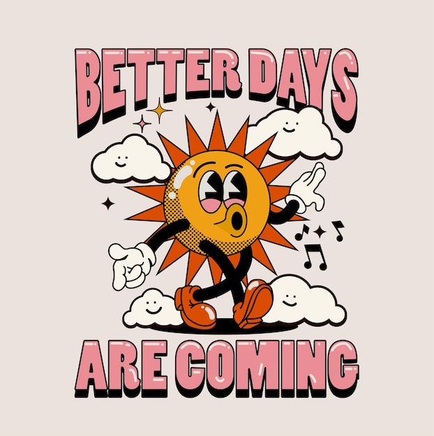 Retro cartoon walking smiled sun mascot character surrounded by smiled clouds