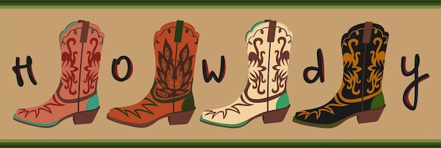 Vector retro cowboy boots. vector illustration with lettering. howdy.