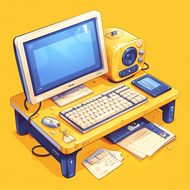 Retro Desktop Computer and Camera Illustration