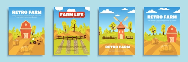 Vector retro farm cover brochure set in flat design poster templates with wooden barns and mills tractors by haystacks fields farmland plantations gardening and agronomy business vector illustration