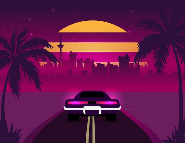 Retro future 80s style SciFi Background Futuristic car