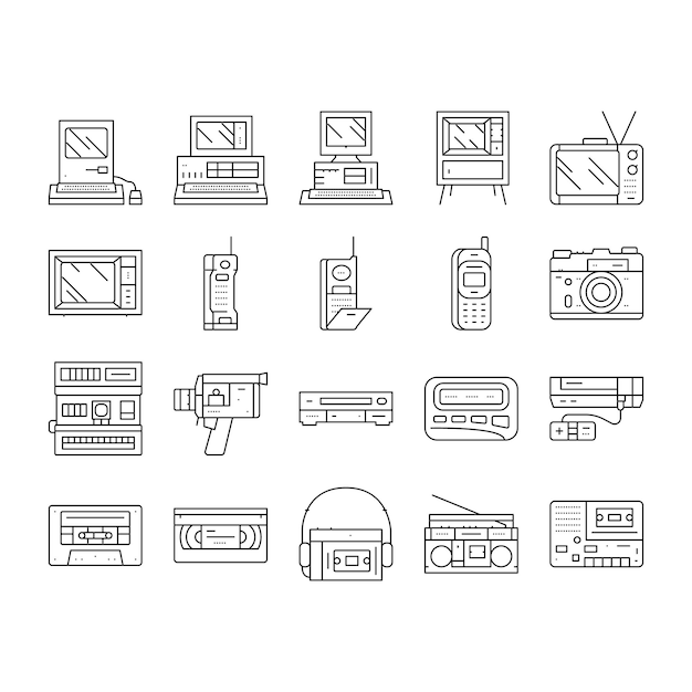 Retro gadget technology device icons set vector